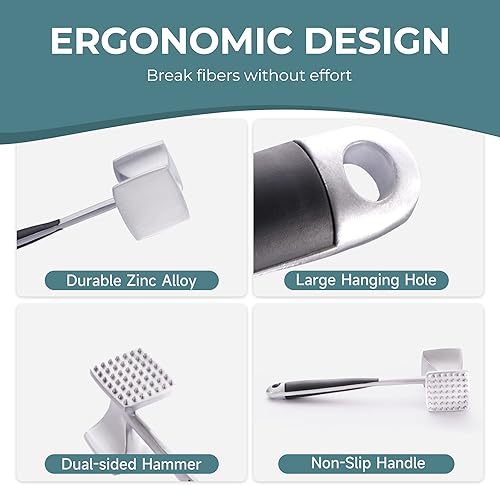 Miniatura 4 de KITEXPERT Martillo ablandador de carne con mango de agarre cómodo, mazo de doble cara para cocina, resistente para ablandar bistec, carne de res