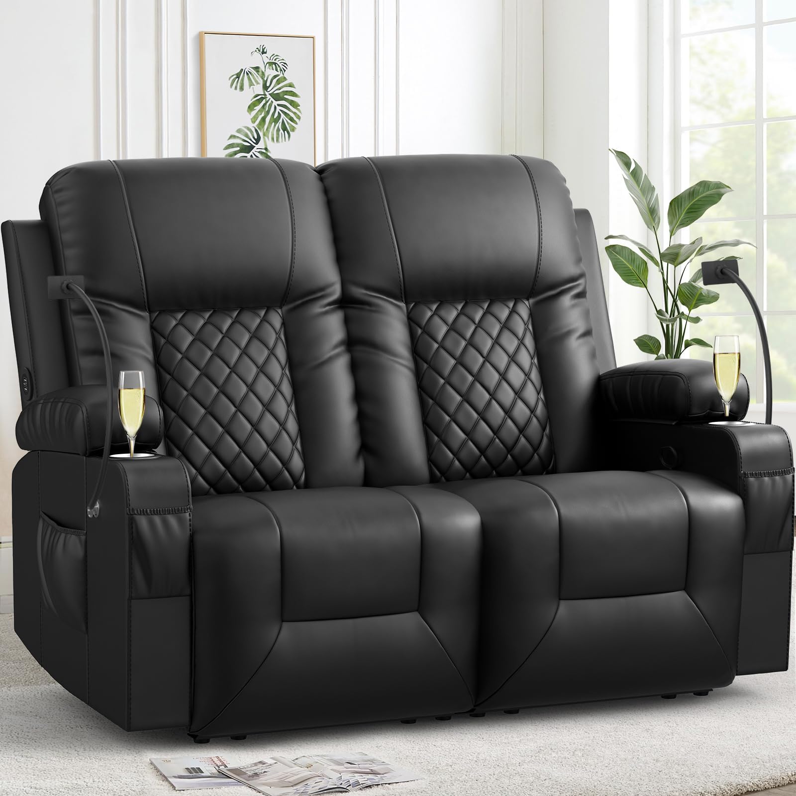 FURNIMAT Loveseat Recliner Sofa, Wall Hugger Reclining Loveseat RV Couch | Home Theater Seating with USB Port, Cup Holders, Insert Pockets, 150° RV Recliner Furniture for Travel Trailers & Living Room