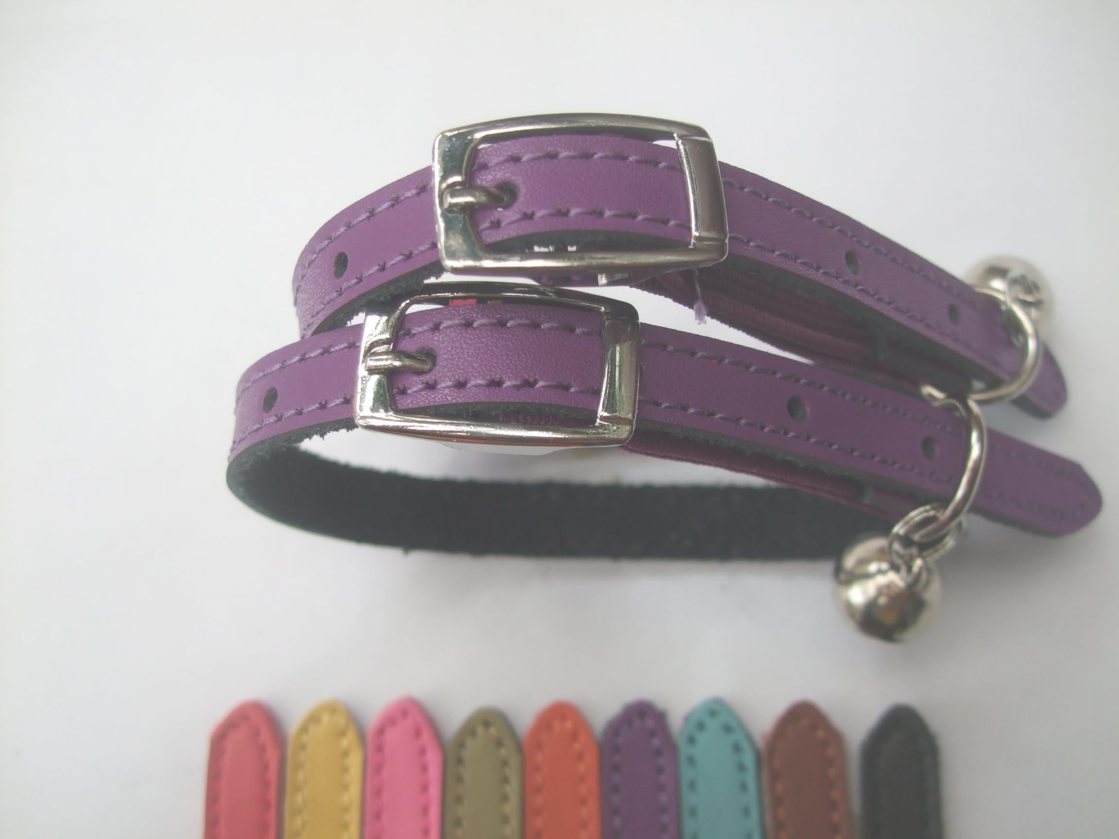 Cat Collar 2 pack set Real Leather Elasicated Safety Elastic bell, Pair Choose colours (Purple and purple)