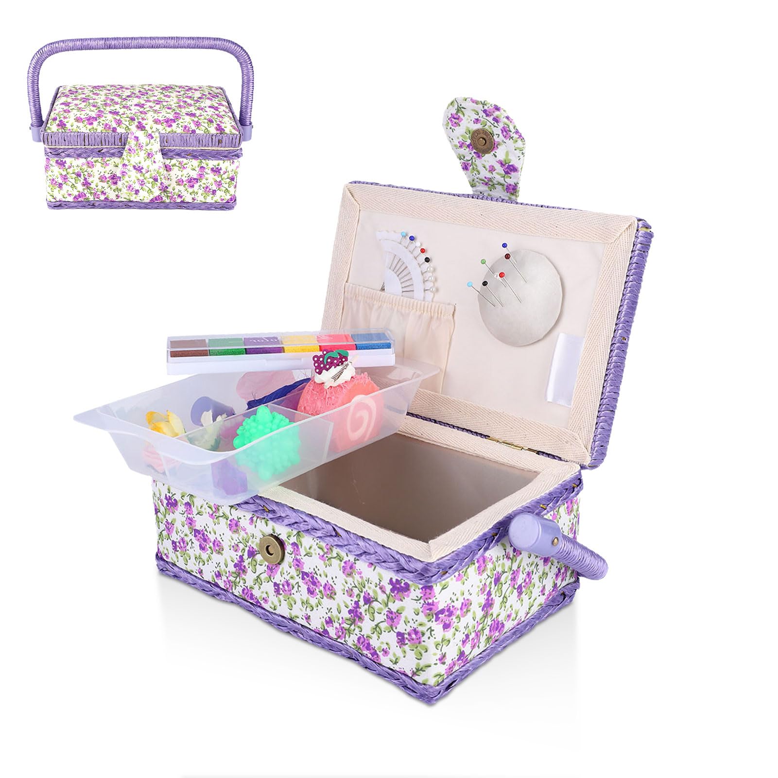Cestino Da Cucito Con Stampa Floreale, Scatola Da Cucito Vintage Tessuto Artigianale Filo Da Cucito Ago Kit Scatola Cucito Da Cucito Scatola Portaoggetti Organizer Con Vassoio Rimovibile