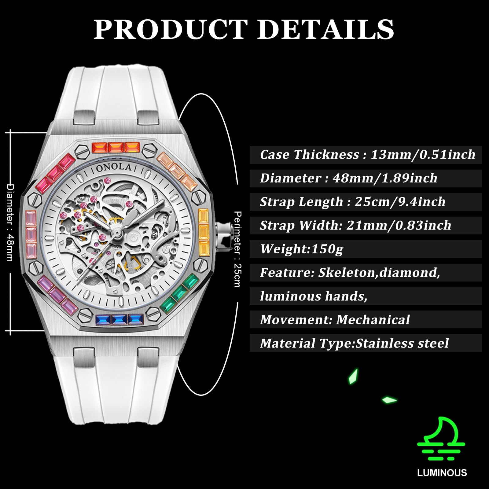 Reloj de pulsera para hombre, diseño de arco iris, con bisel de diamante, esqueleto hueco, automático, correa de silicona, impermeable, luminoso