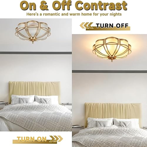 Miniatura 6 de Lámpara de techo retro de latón americano, lámpara de techo de forma redonda con pantalla de vidrio esmerilado (17.71 pulgadas de ancho)