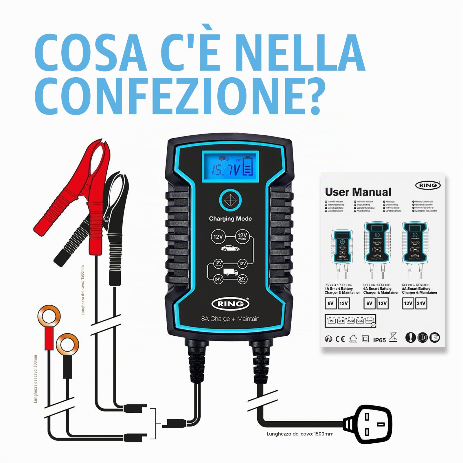 Ring Caricabatterie Intelligente 8A e mantenitore – Compatibile con Veicoli di Grandi Dimensioni: Si collega Rapidamente con Morsetti o terminali O-Ring Inclusi