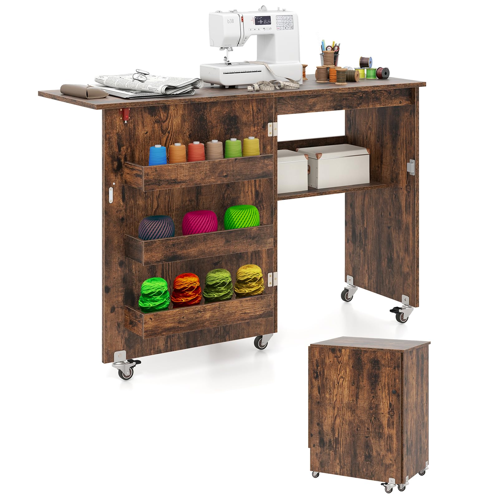 COSTWAY 2 in 1 Nähschrank & Schreibtisch klappbar, Nähtisch aus Holz mit 3 Einlegeböden für Spulen & feststellbare Rollen, Nähmaschinenschrank für Wohnzimmer, Schlafzimmer & Büro (Braun)