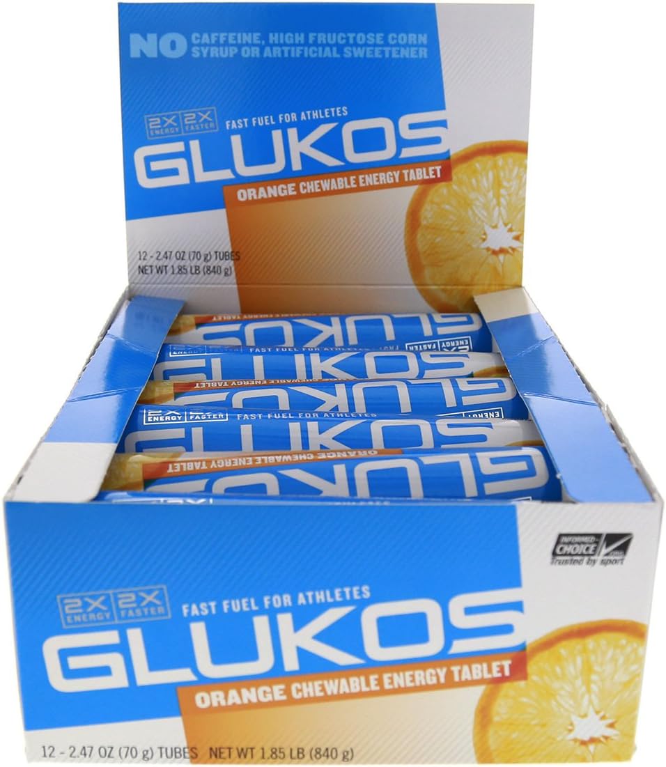 Glukos, Glucose Energy Tablets, Orange Flavor Carton of 12 Tubes, 168 Total Tablets