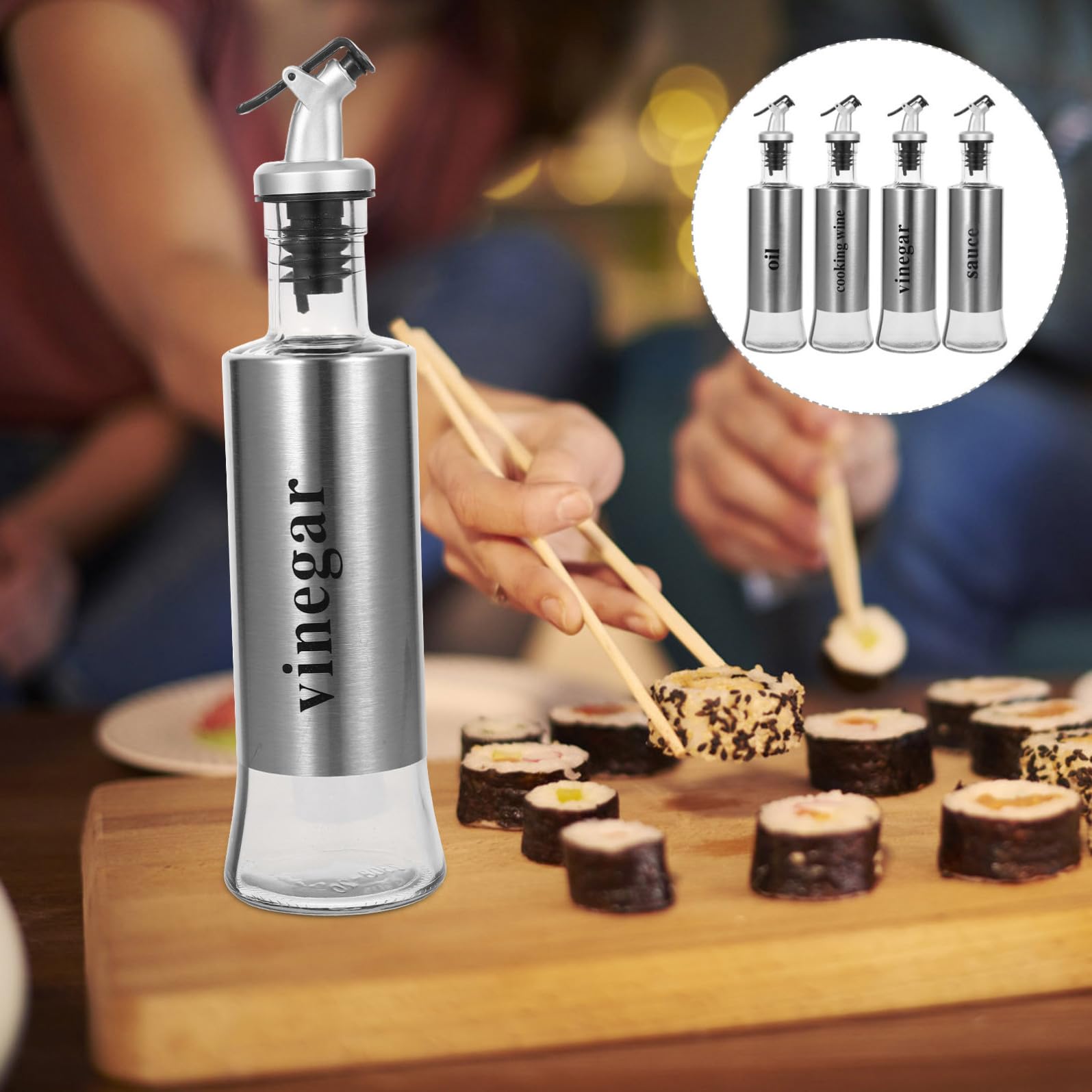Set Design Antigoccia Oliera Dosatore in Vetro e Acciaio Inossidabile 4 Pezzi 300ml per Olio e Aceto per Cucine Domestiche ed Eleganti