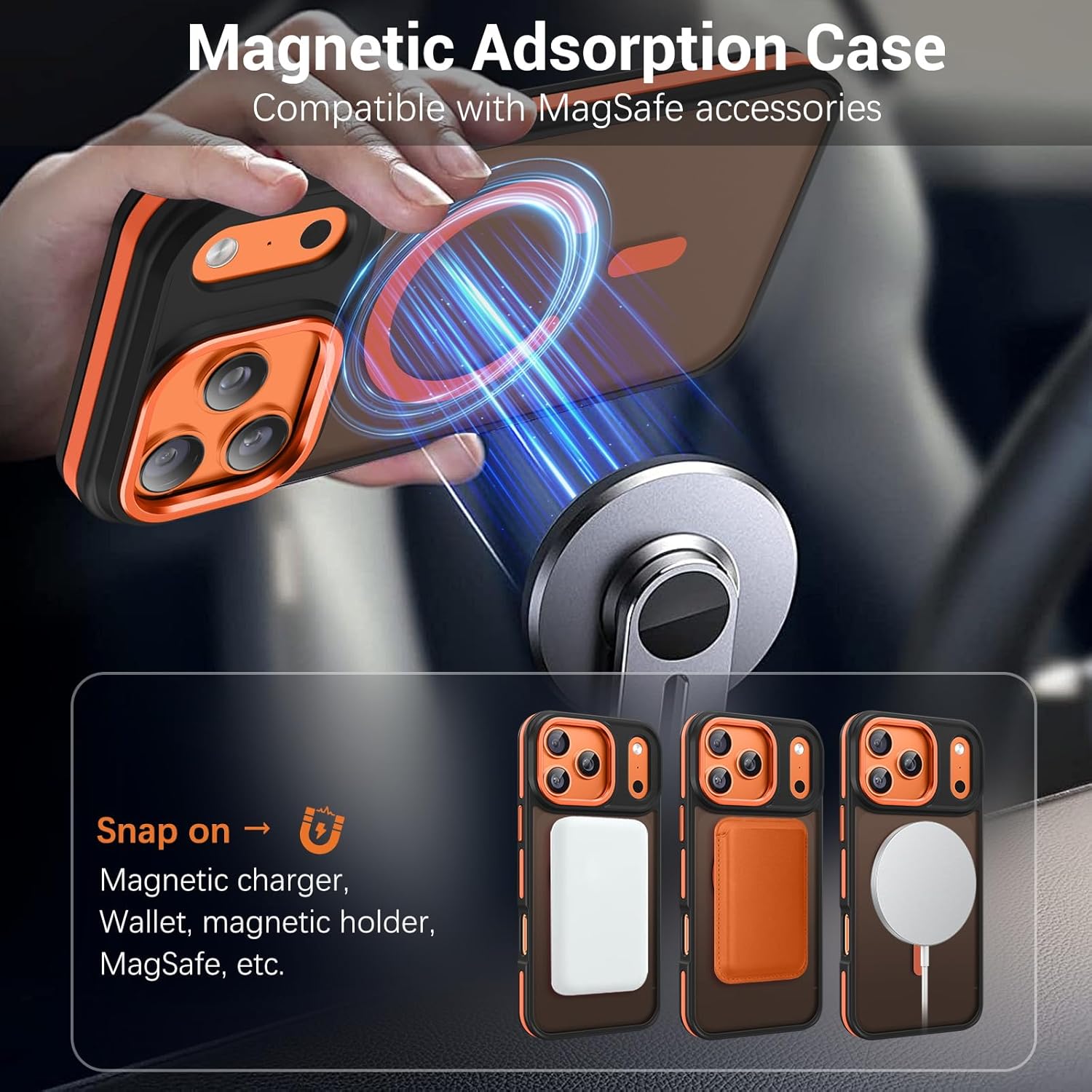 BENTOBEN Magnetic for iPhone 17 Pro Case 2025 [Compatible with Magsafe] [Military-Grade Protection] Matte Women Men Anti-Slip Shockproof Bumper Phone Cases for iPhone 17Pro 6.3", Cosmic Orange/Black - Image 4