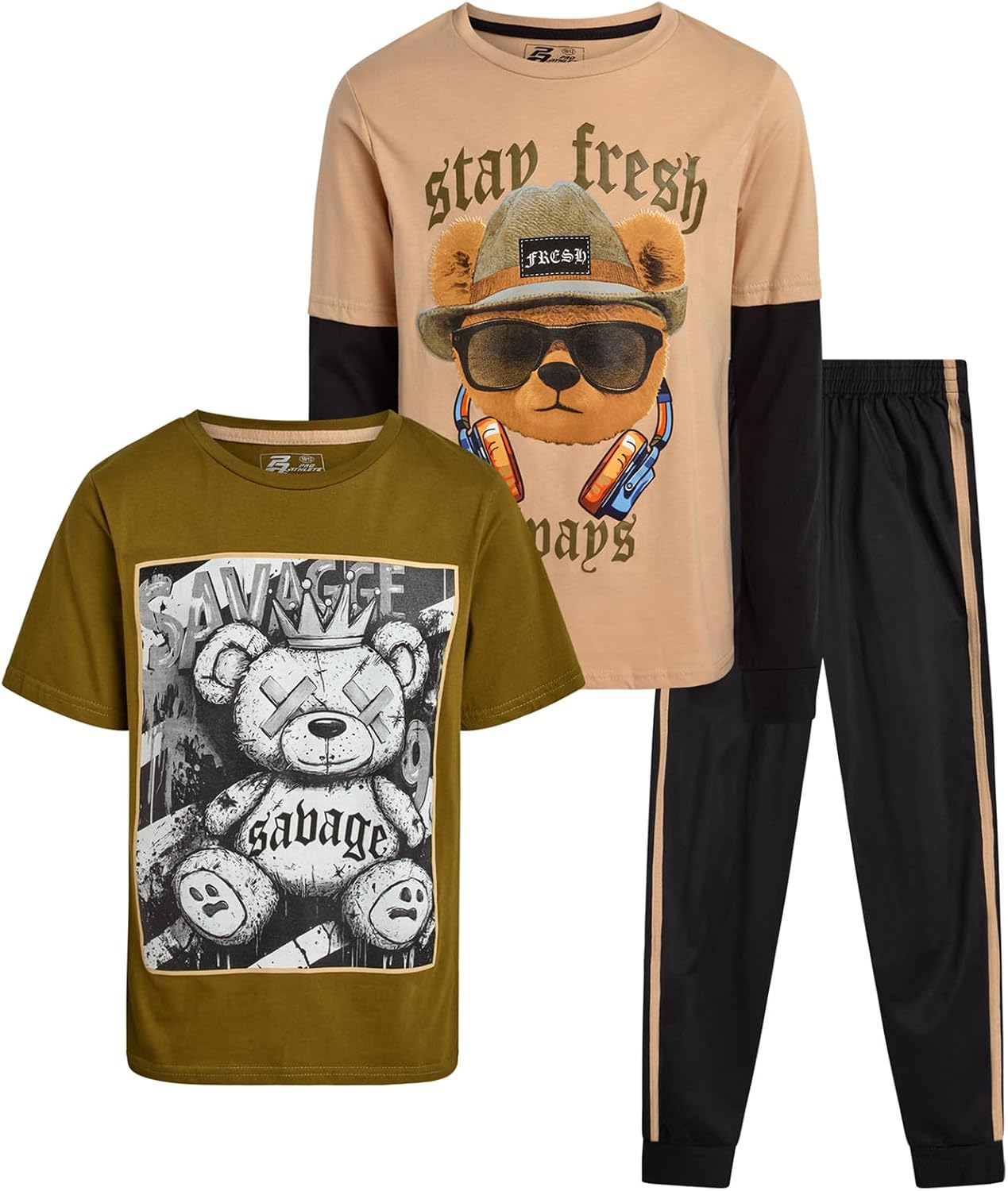 Pro Athlete Boys Tracksuit Set - 3 Piece Athletic Two Fer Long Sleeve Shirts Graphic Tees & Tricot Jogger Sweatpants for Boys