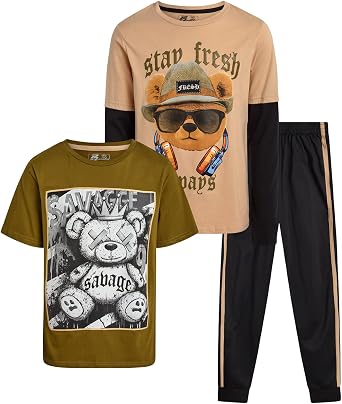 Pro Athlete Boys Tracksuit Set - 3 Piece Athletic Two Fer Long Sleeve Shirts Graphic Tees & Tricot Jogger Sweatpants for Boys