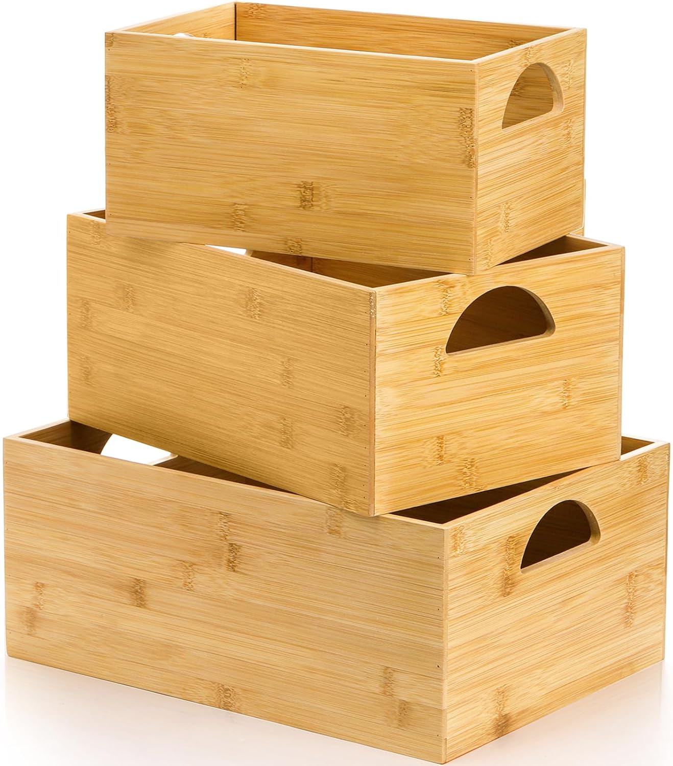 DEAYOU 3 Pack Bamboo Storage Bin, Bamboo Storage Box Crate, Natural Nesting Organizer, Stackable Cubby Basket Container Holder with Handle for Display, Book, Toy, Snack, Decor, Modular Open, 3 Sizes