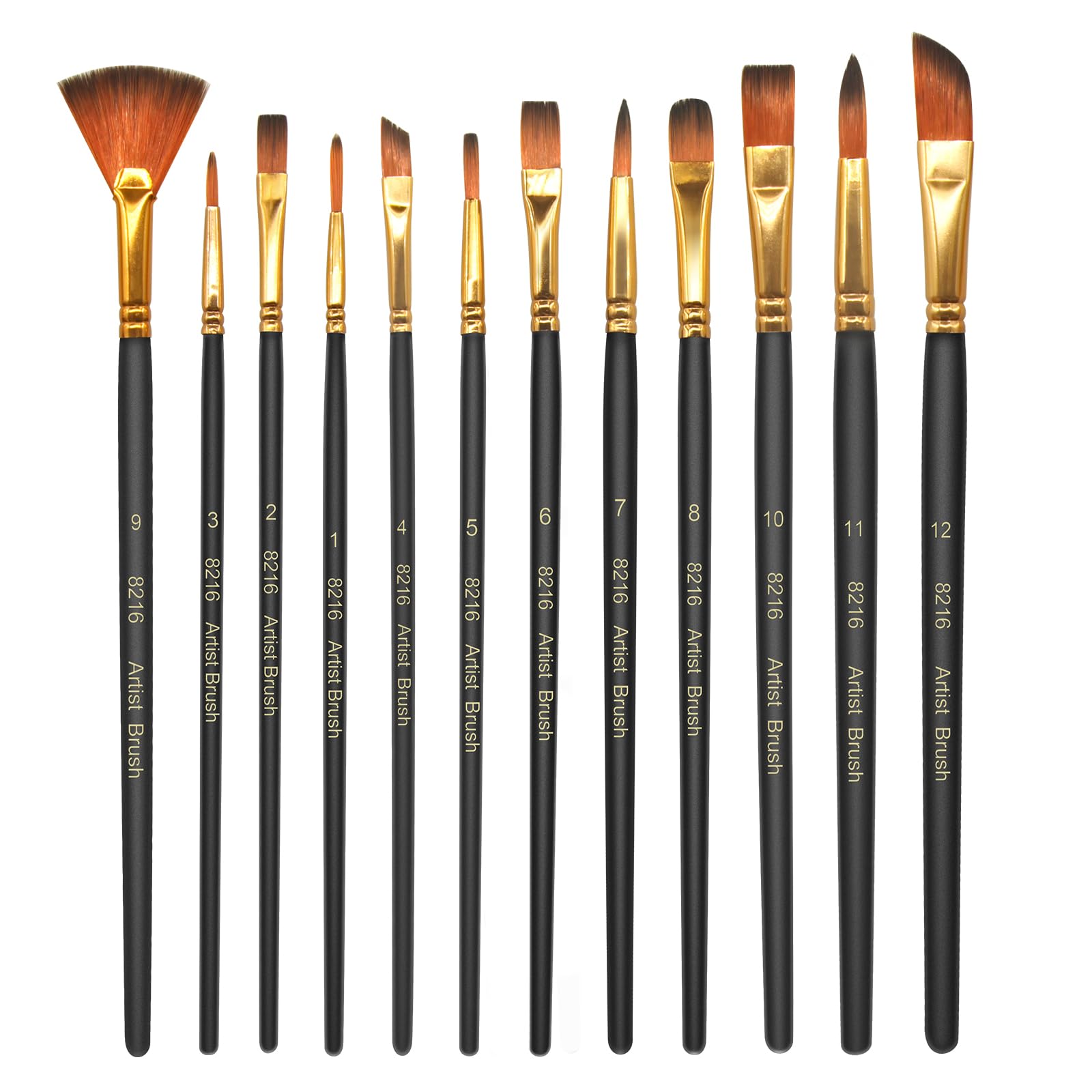 elzle Acrylic Paint Brushes,12 Paint Brush Set,Nylon Art Brushes,Fine Paint Pen with Smooth Tip,Wooden Pen Body Suitable for Acrylic, Watercolour, Oil and Gouache Paintings (Black)