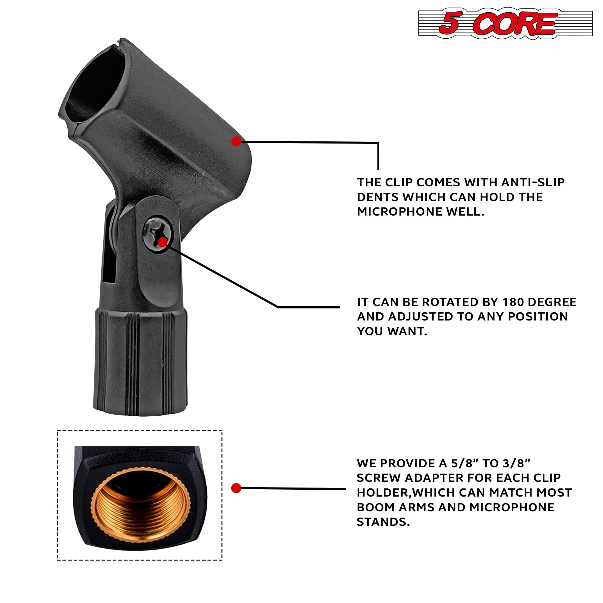 5 Core Pencil Microphone Clip Holder Black Angle Adjustable Slim Condenser Mic Adapter + Universal 5/8