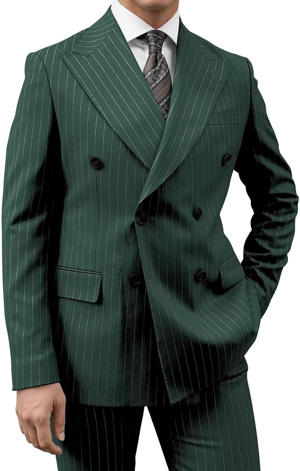Mens Double Breasted Pinstripe Suit 2 Piece Set Business Formal Wedding Striped Slim Fit Suits for Men