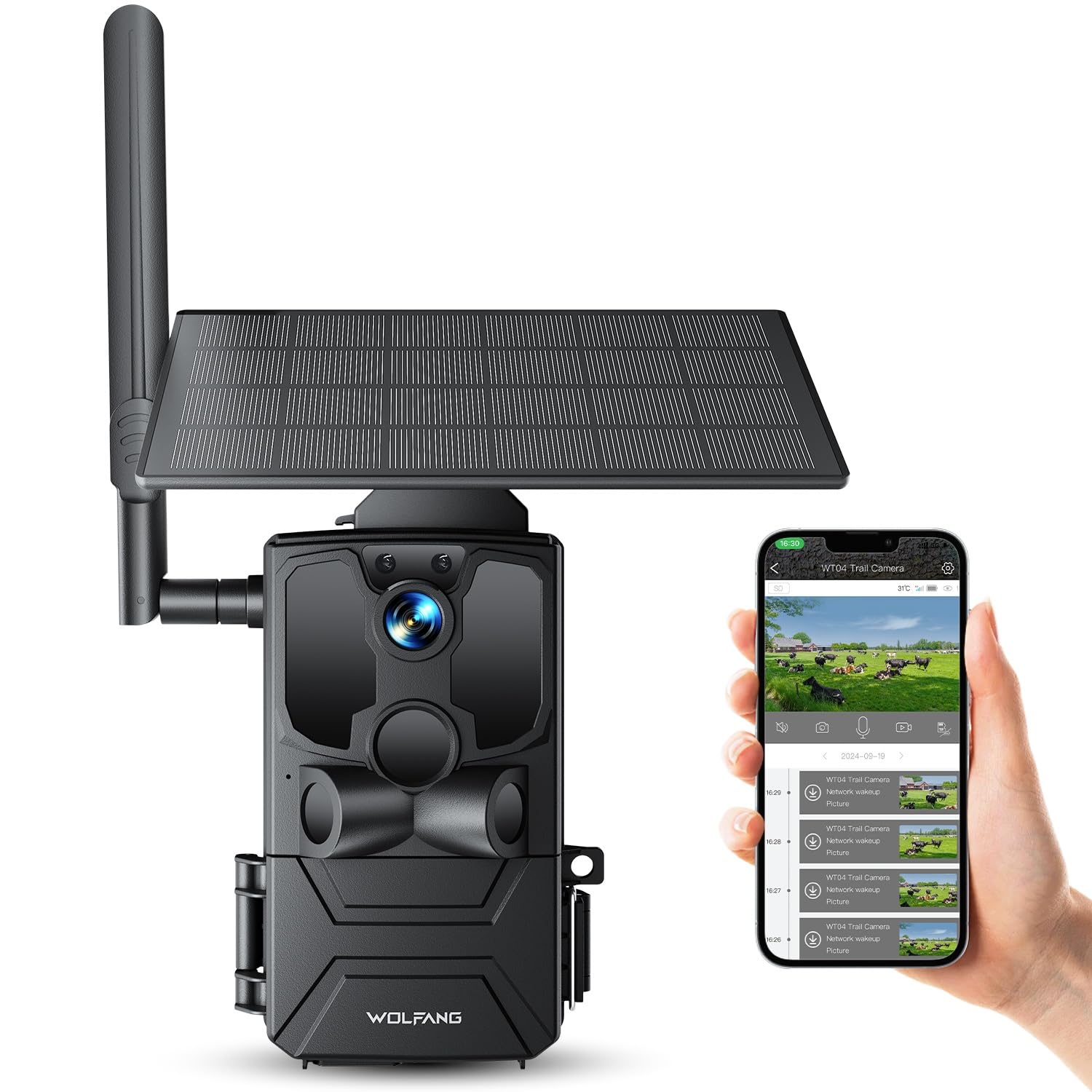WOLFANG Cámara de Caza Solar, 4G LTE Camara Fototrampeo 2.5K con Detección PIR Nocturna por Infrarrojos Invisible, Alerta, Audio Bidireccional, IP66 para Vida Silvestre y Monitoreo de Seguridad, negro