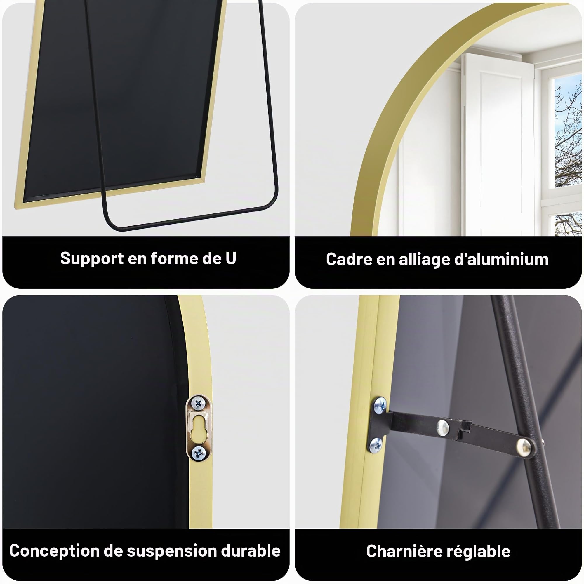 Miroir sur Pied Arqué 161 x 52 cm Cadre en Aluminium Miroir Mural Grand Miroir Penché Suspendu