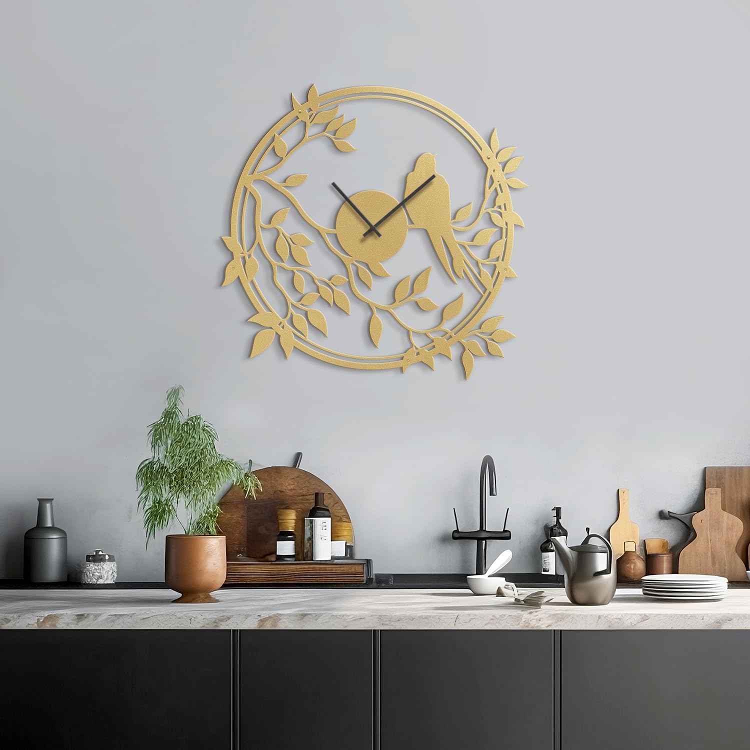 SIGNLEADER Metal Wall Clock Wall Art Decor, Botanical Silhouette Wall Sculpture Clock Silent Battery Operated Hangings Home Decoration for Living Room, Bedroom, Kitchen, Bathroom - 36" Gold