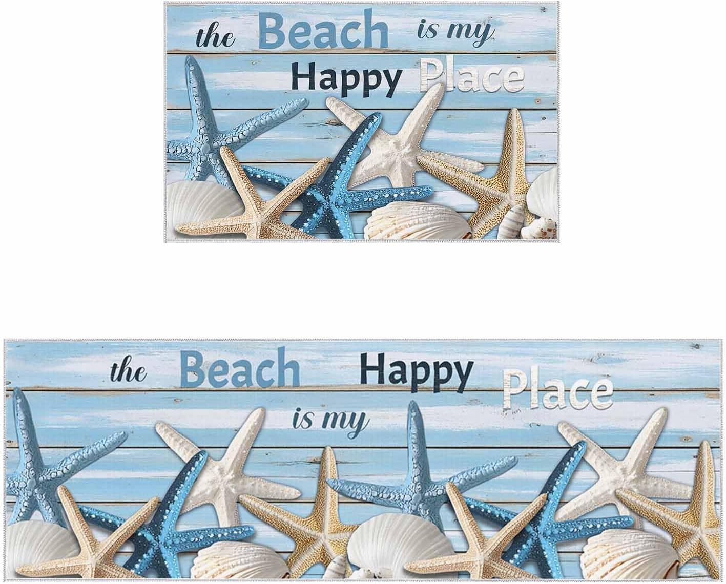2 Pieces Kitchen Rugs and Mats,Summer Beach Shell Starfish Area Runner Rug Set Non Slip Floor Doormat Washable Carpet Standing Mat for Kitchen Sink Indoor Corridor,Vintage Rustic Blue Wooden