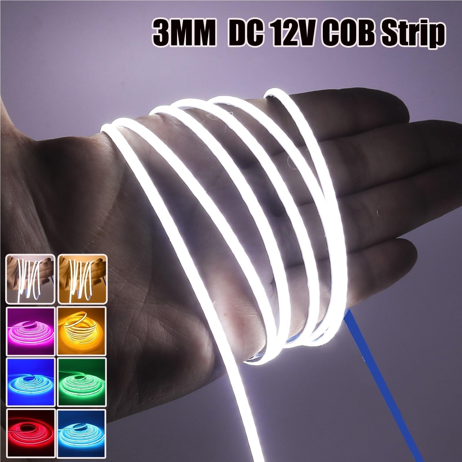 Taśma LED o szerokości 3 mm DC 12 V COB | 320 diod LED/M o wysokiej gęstości, biały/różowy/czerwony/żółty, podświetlenie telewizora (niebieski_5 m)
