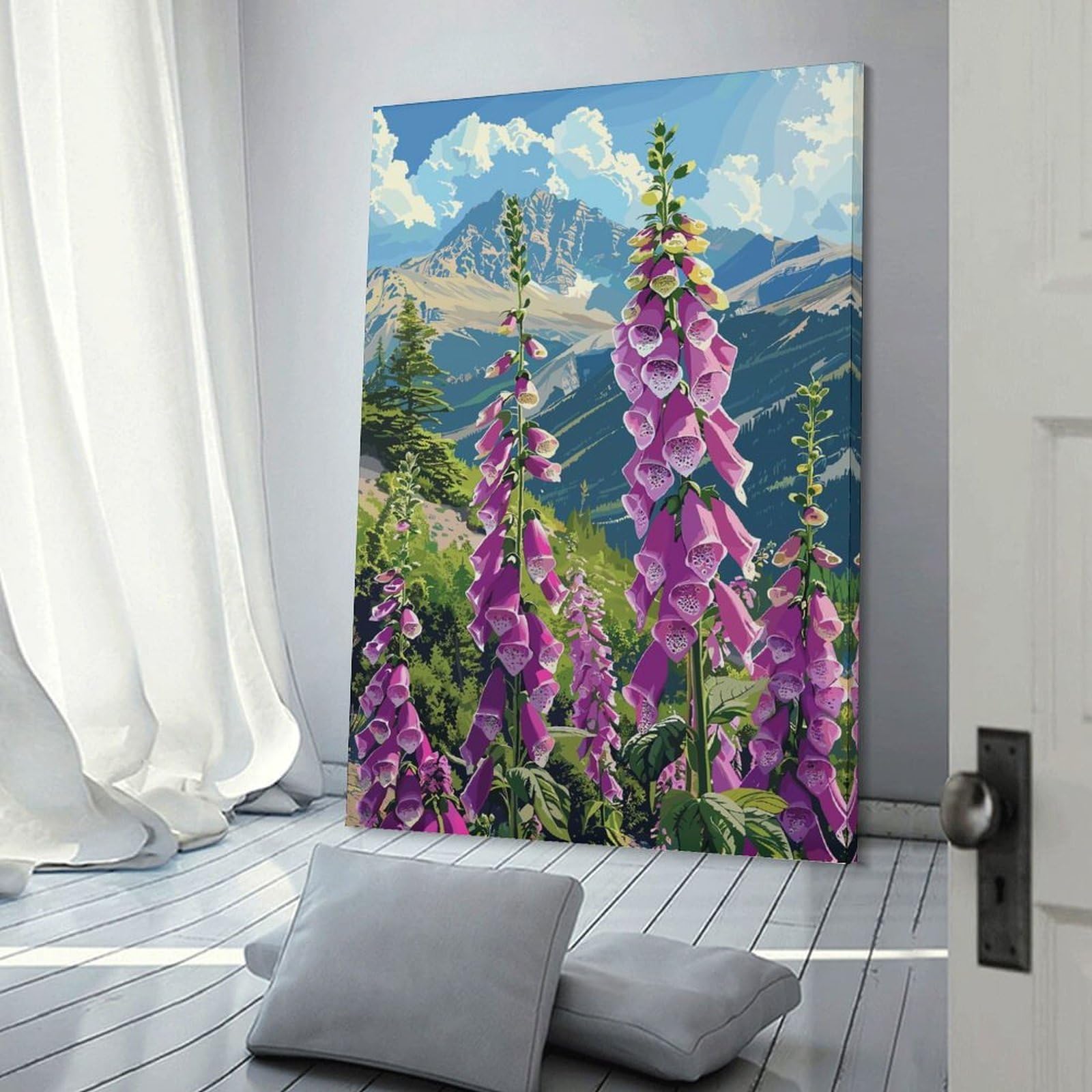 Junmoney Mountainside Foxgloves Canvas Art Print 12x18inch(30x45cm), for Front Hall, Corridor Or Welcome Spaces, Home Artwork for First Impressions