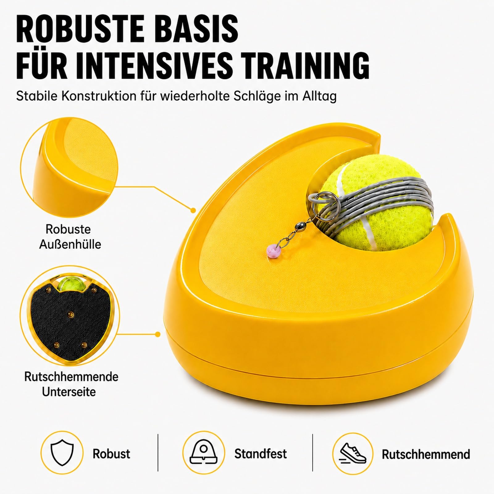 Tennis Trainer Set mit Ball an Schnur – Tennistrainer mit standfester Basis ohne Wasserbefüllung, 2 m Schnur + Ersatzball mit 4 m Schnur, Beutel, Solo Trainingsgerät für Tennis & Padel