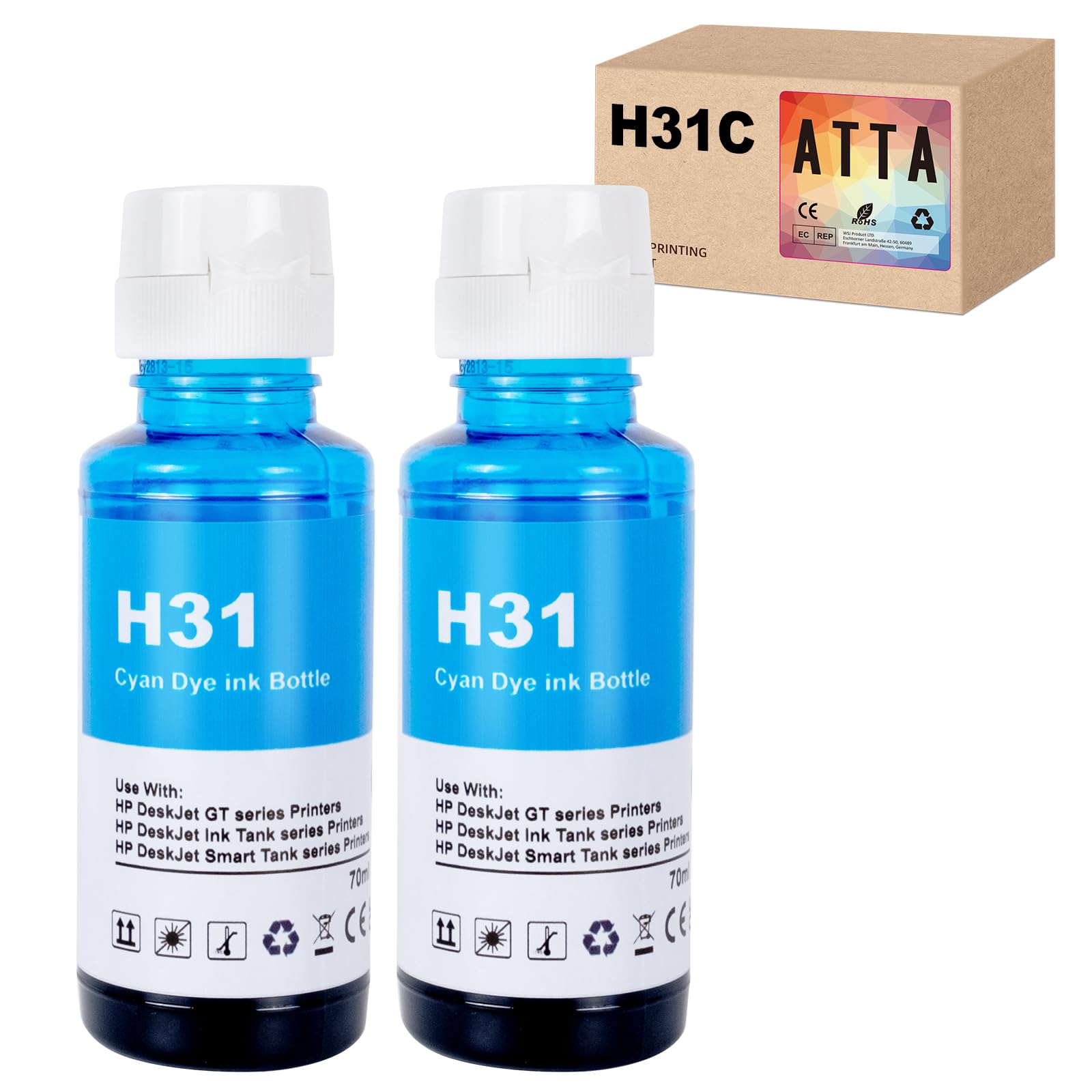 – ATTA 31 Cyan Ink Bottle Replacement for HP 31 Ink Work for Smart Tank 7005 5107 7301 7001 7602 5000 5101 5102 Plus 651 551 455 457 450 All-in-One Ink-Tank (70ML 31 Cyan-2 pack)