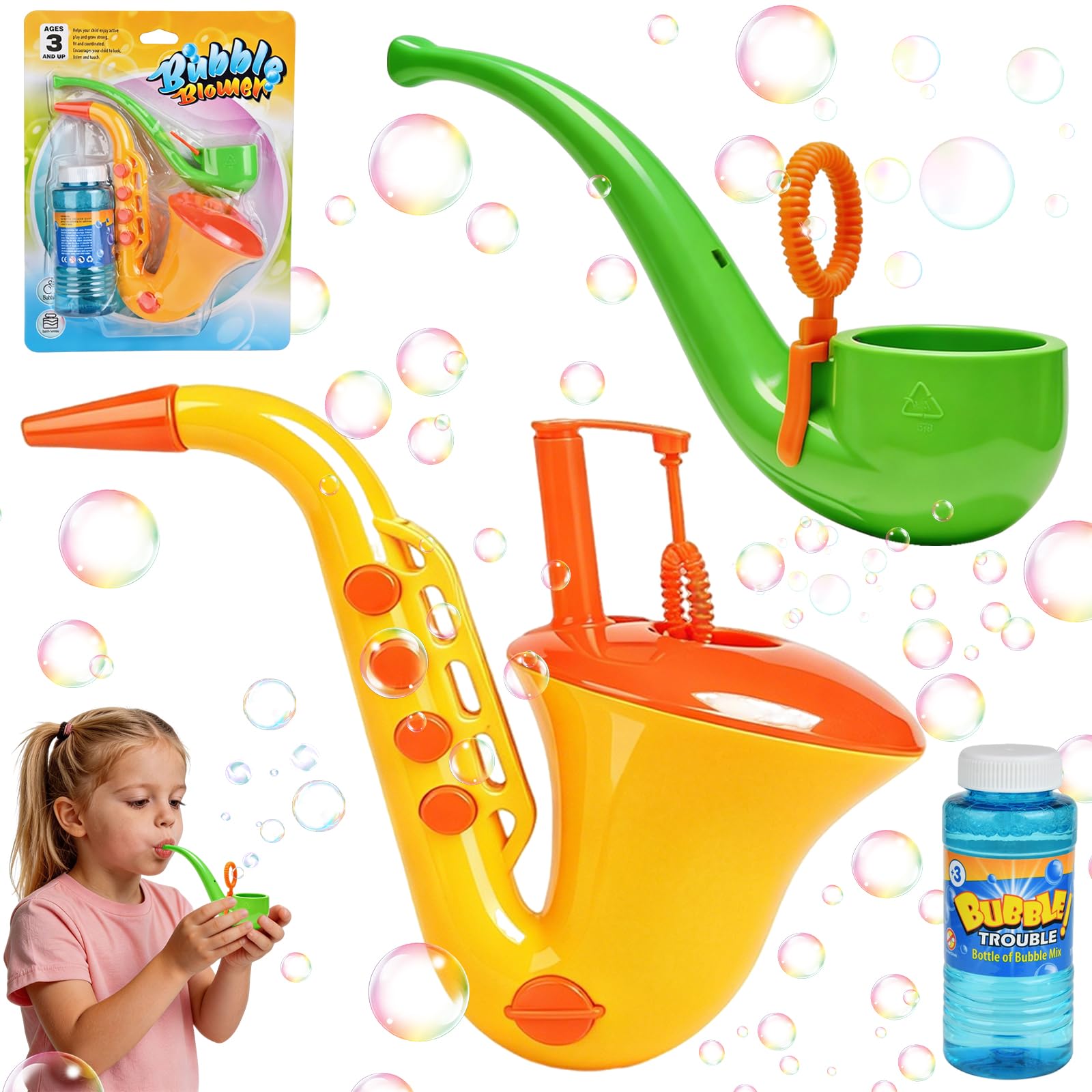 Bubble Pipe and Saxophone Bubble Blower, 2PCS Bubble Machine with Bubble Solution, Retro Fun Style Garden Toys, Bubbles Games for Kids Outdoor Backyard Parties