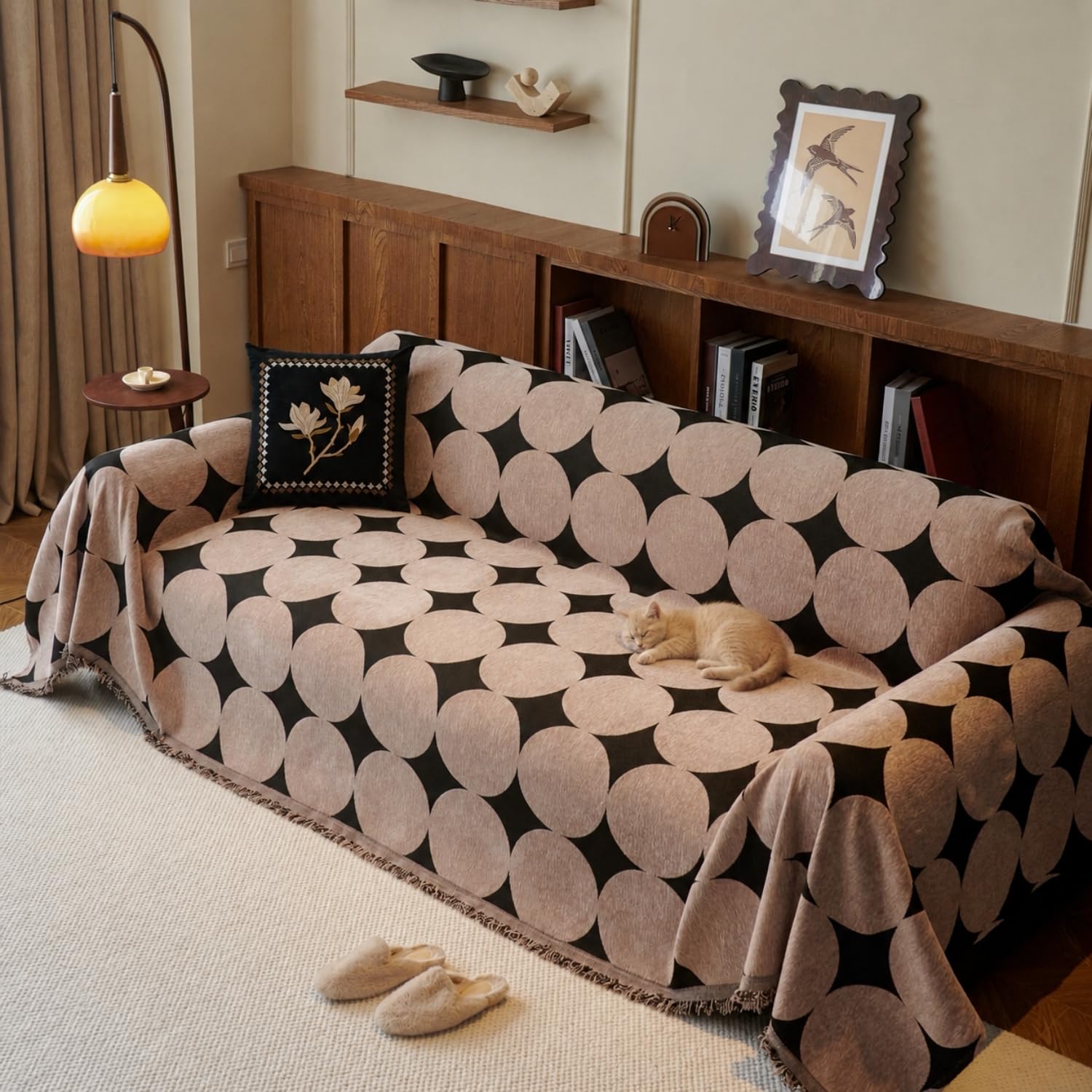 VIWATIN Large Chenille Sofa Throw, Retro Dot Taupe, 3-4 Seater, 180x380cm