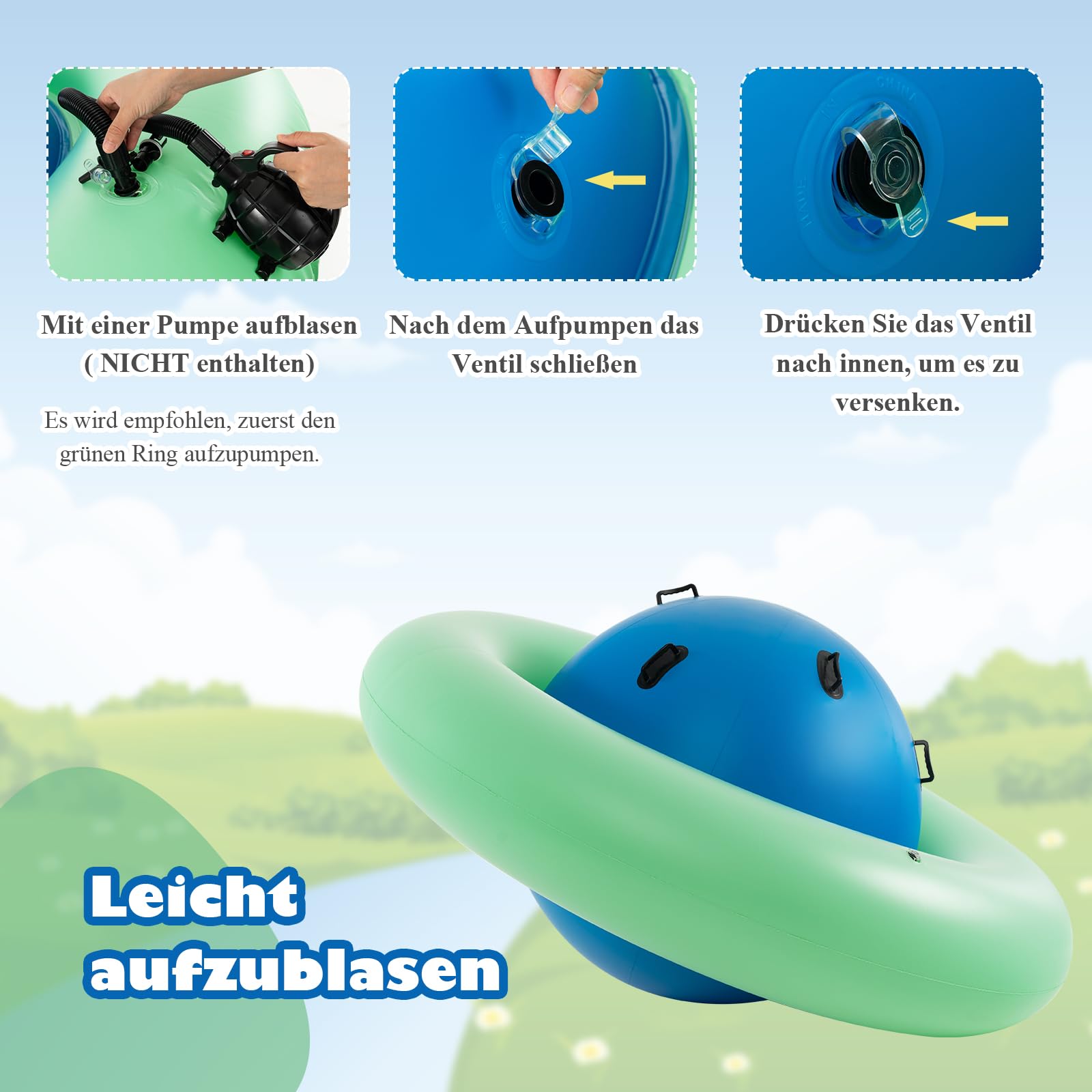 DREAMADE 233cm Kuppelwippe aufblasbar, Spielwippe mit 6 Griffen, aufblasbar Kletterkuppel für 3 Kinder ab 5 Jahren, bis zu 113kg, für Hinterhof Garten (Blau + Grün, φ 223)