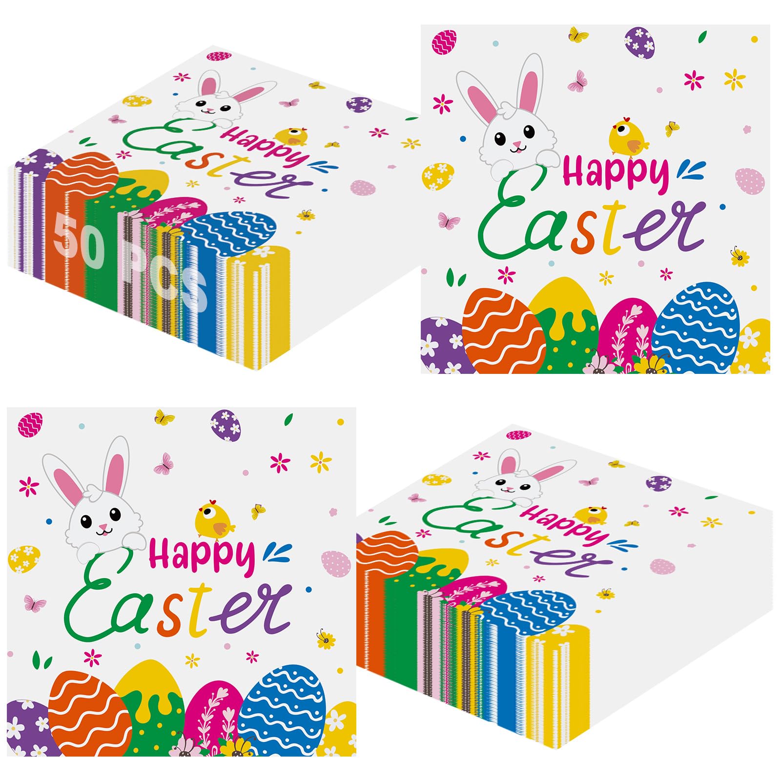 50 Pcs Happy Easter Napkins Disposable, 13 Inch Spring Bunny Napkins, 3-Ply Cute Easter Eggs Rabbit Flower Dinner Cocktail Paper Towels for Easters