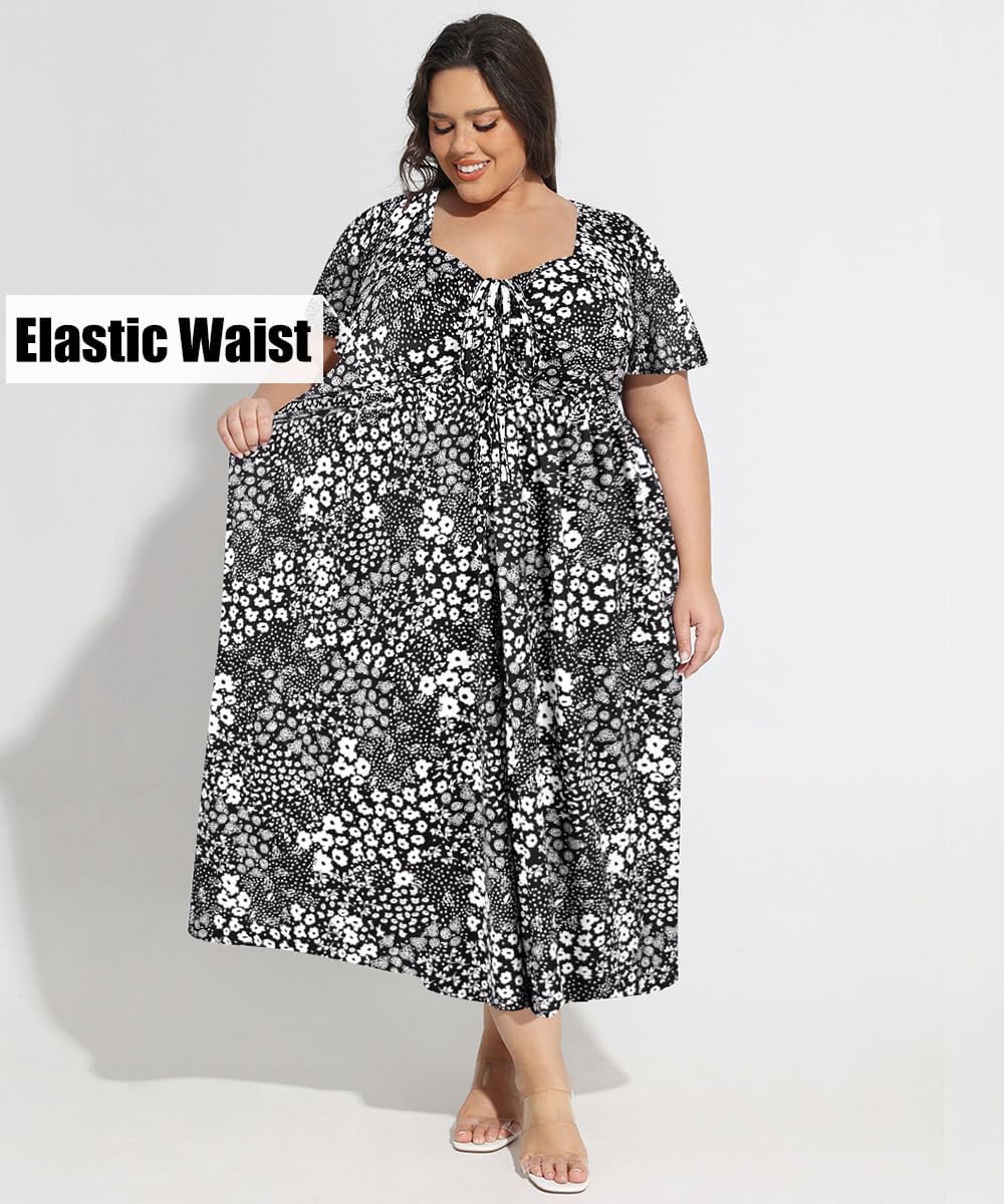 CARCOS Plus Size Dresses for Curvy Women Tie Sweetheart Neck Summer Maxi Dress Short Sleeve Empire Waist Floral Boho Dress - Image 5