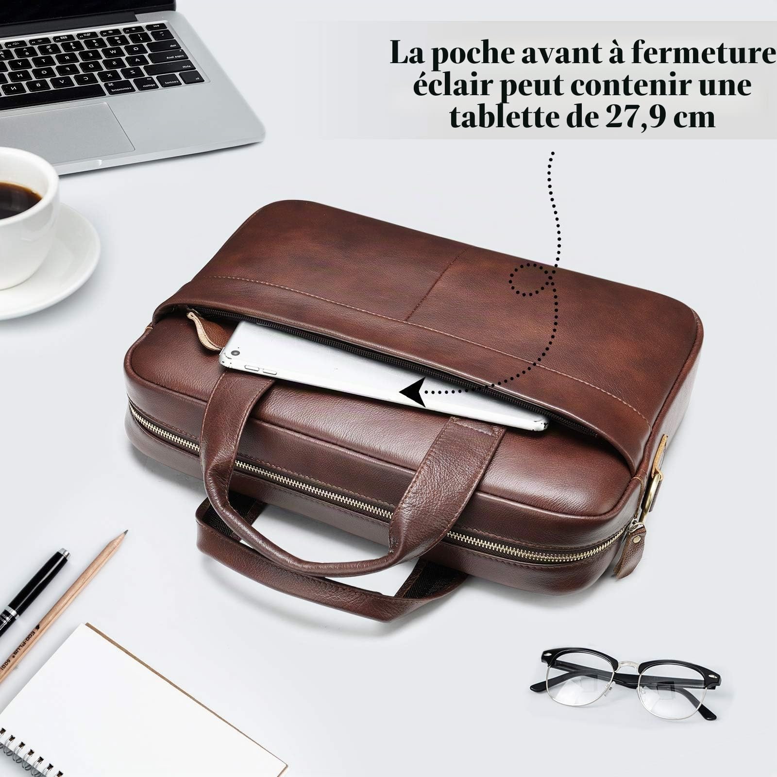 VINBAGGE Sac Business Mallette Homme Cartable Sacs Business en Cuir Véritable 14 Pouces Porte Document Sac de Messager Sac à Bandoulière d'affaires