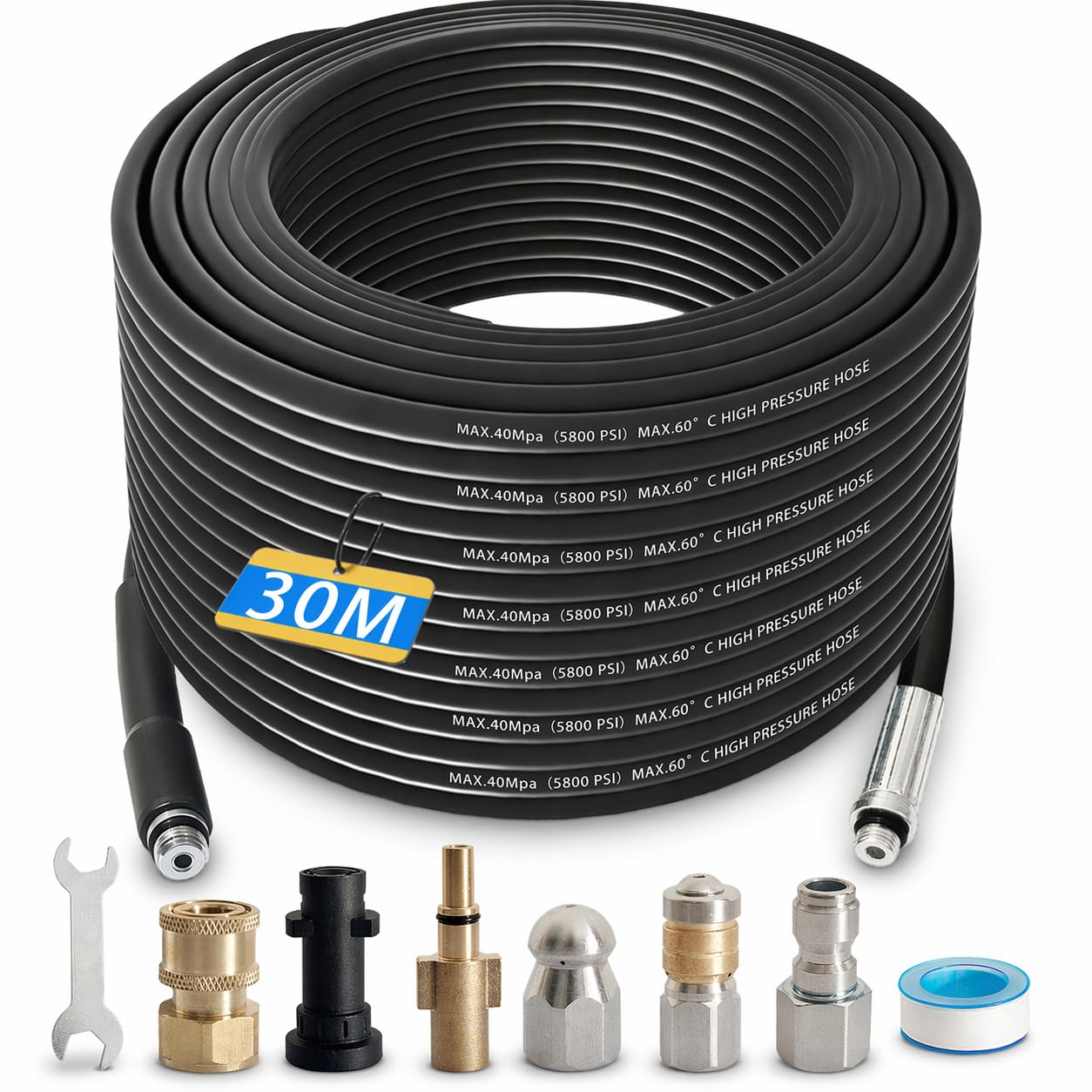 Rohrreinigungsschlauch 30m für Hochdruckreiniger, Rohrreiniger Set Kanalratte mit Rotationsdüse & Knopfdüse, Abflussreiniger Rohrfrei Kompatibel mit Kärcher K-Serie, Bosch AQT, Lavor & 1/4", 400Bar