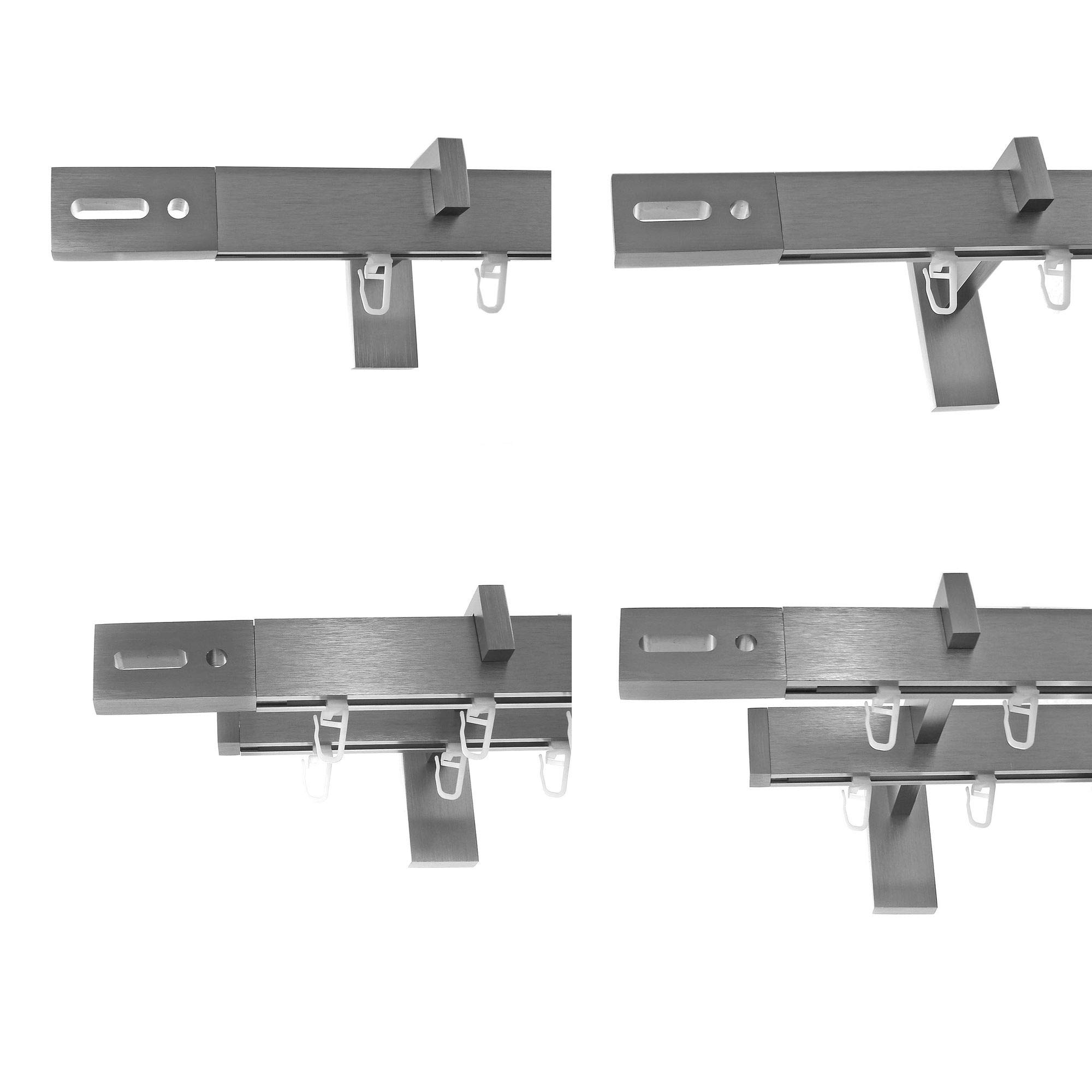 BASIT Gardinenstange Innenlauf eckig Edelstahllook 2-läufig Wand 480cm H96 | Gardinenstangenset doppelläufig Wandmontage Metall Wandhalterung kantige Vorhangstange 120-600cm wählbar Kappe E92