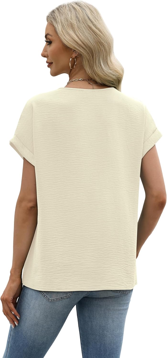 WIHOLL Womens Tops Dressy Casual Rolled Short Sleeve V Neck T Shirts Summer Business Work Blouses Crepe Texture Outfits - Image 5