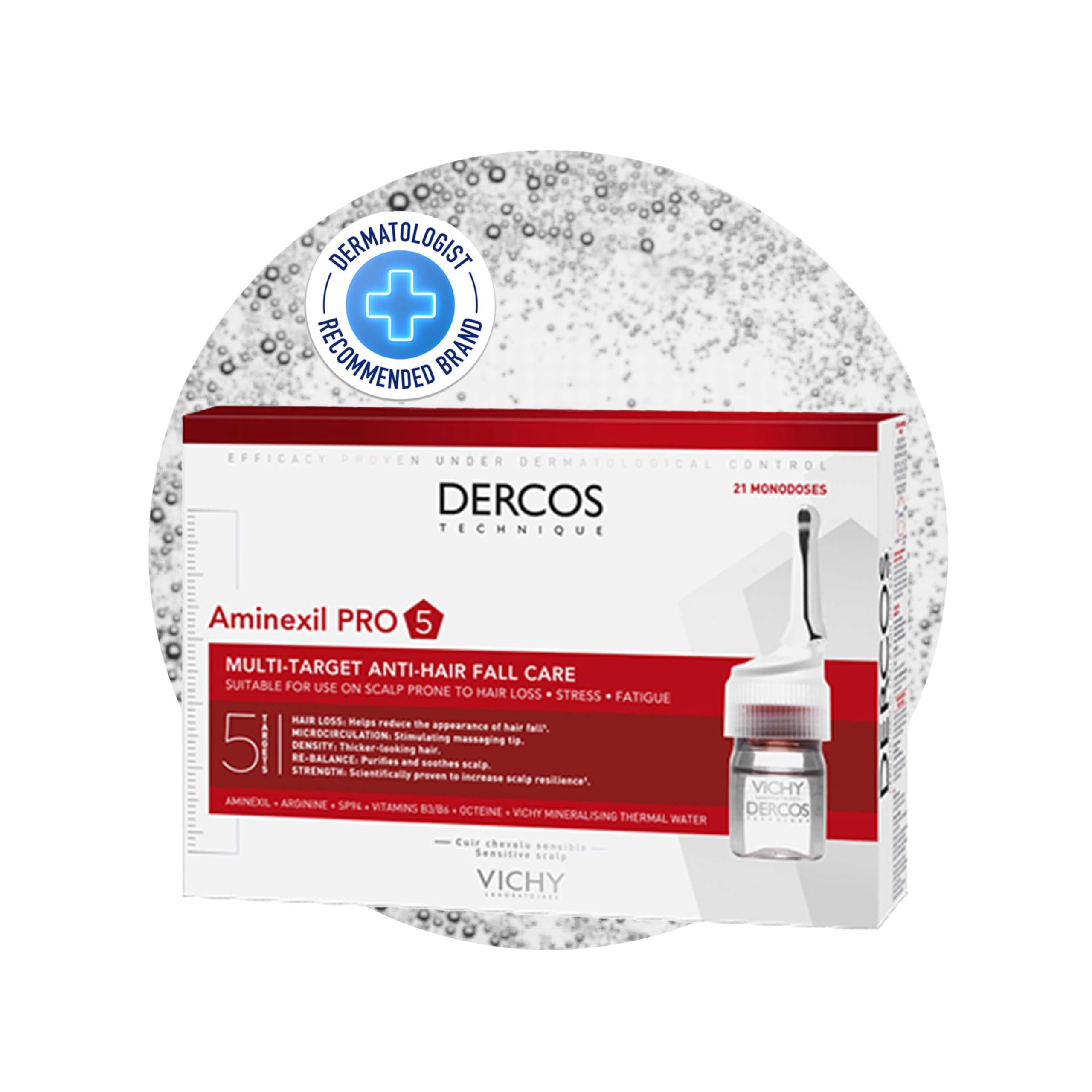 Vichy Dercos Aminexil Intensive 5 Donna, Trattamento Anti-Caduta Multi-Azione, Fiale Monodose, Per Tutti i Tipi di Capelli, Effetto Rinforzante, Con Aminexil, Arginina, SP94, Vitamine PP-B6, 21x6 ml