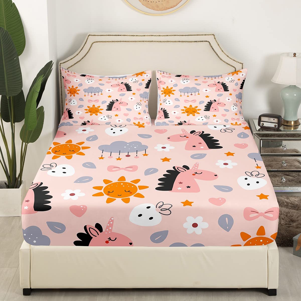 Sábana bajera de unicornio tamaño King, funda de cama con 2 fundas de almohada, juego de ropa de cama de 3 piezas para decoración de habitación de niños y niñas, ropa de cama de poliéster suave