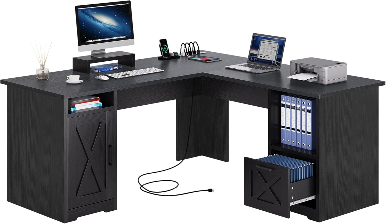 YITAHOME L Shaped Desk with Power Outlets, 60 Inch Computer Desk Corner Desk with File Drawer, Home Office Desk with Monitor Stand & Storage Shelves, L-Shaped Desk with File Cabinet, Black