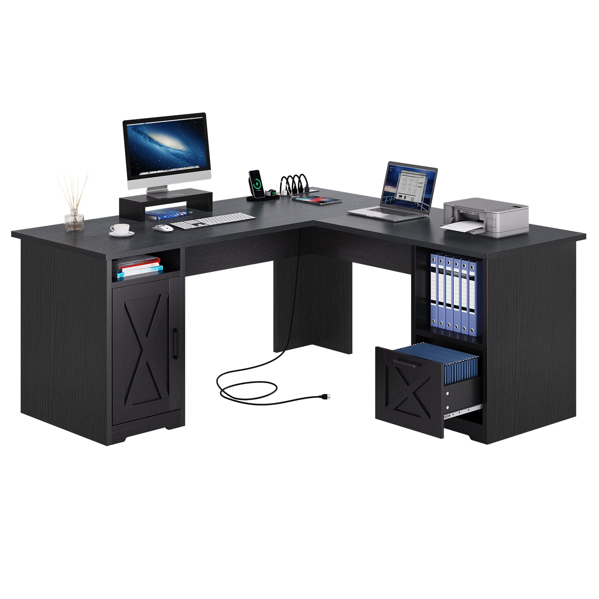 YITAHOME L Shaped Desk with Power Outlets, 60 Inch Computer Desk Corner Desk with File Drawer, Home Office Desk with Monitor Stand & Storage Shelves,