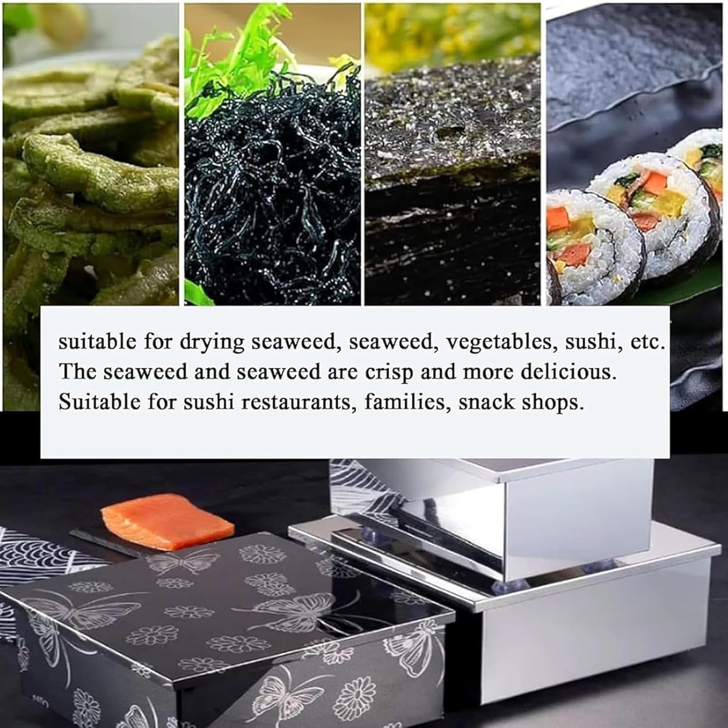 Suszarka do alg ze stali nierdzewnej z lampką grzewczą, regulowana temperatura, 25 W, antypoślizgowe nóżki, idealna do przygotowywania sushi i nori, izolacja termiczna, S