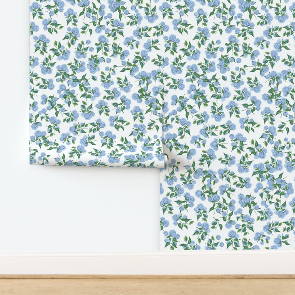 Peel & Stick Wallpaper 3ft x 2ft - Hydrangea Floral,Blue Green Botanical,Garden Bloom,Meadow,Hamptons,grandmillennial Custom Removable Wallpaper by Spoonflower