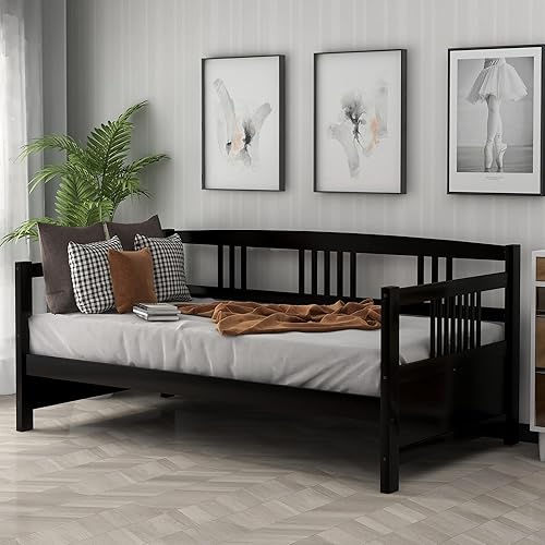 Miniatura 52 de Merax Sofá cama individual con listones de madera, soporte moderno sofá cama con rieles, tamaño individual, blanco marfil Marfil blanco,Espresso