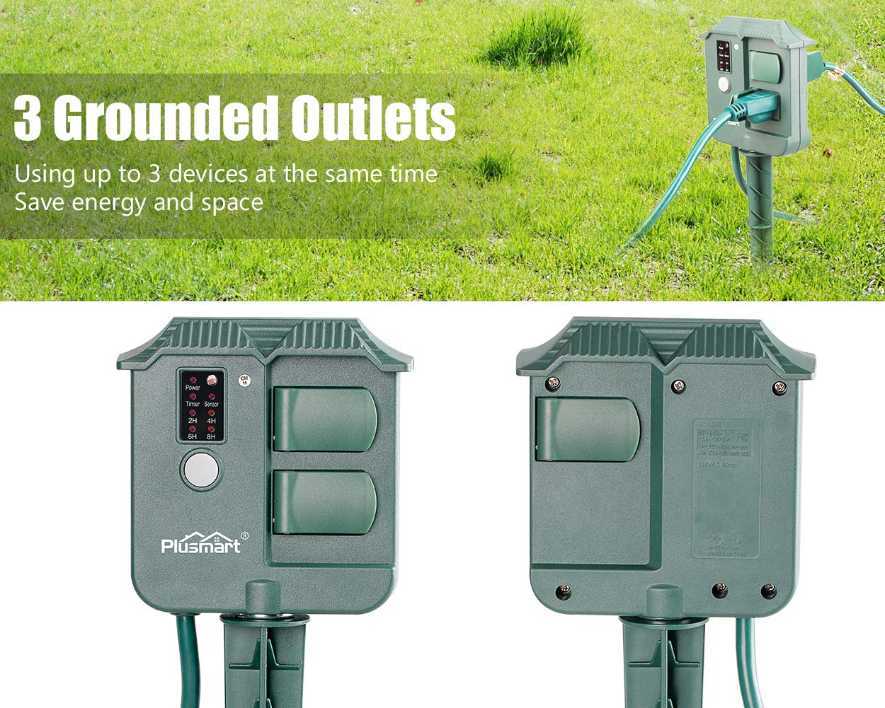 Black Friday Sale 2022 Plusmart Outdoor Power Stake Timer, Wireless Remote Control, Photocell Light Sensor, 6ft Extension Cord with Switch, 3 Waterproof Grounded Outlets with Cover, UL Listed