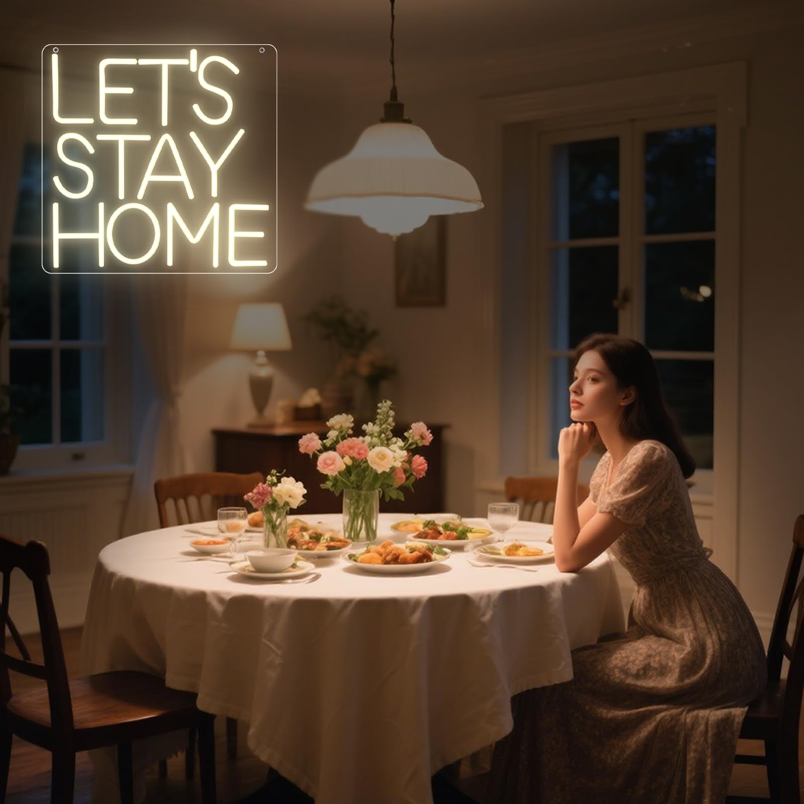 Let's Stay Home Neon Signs ciepła biała litera LED, neonowa lampka reklamowa na ścianę, USB, neonowe światło do domu, sypialni, salonu, kuchni, na prezent