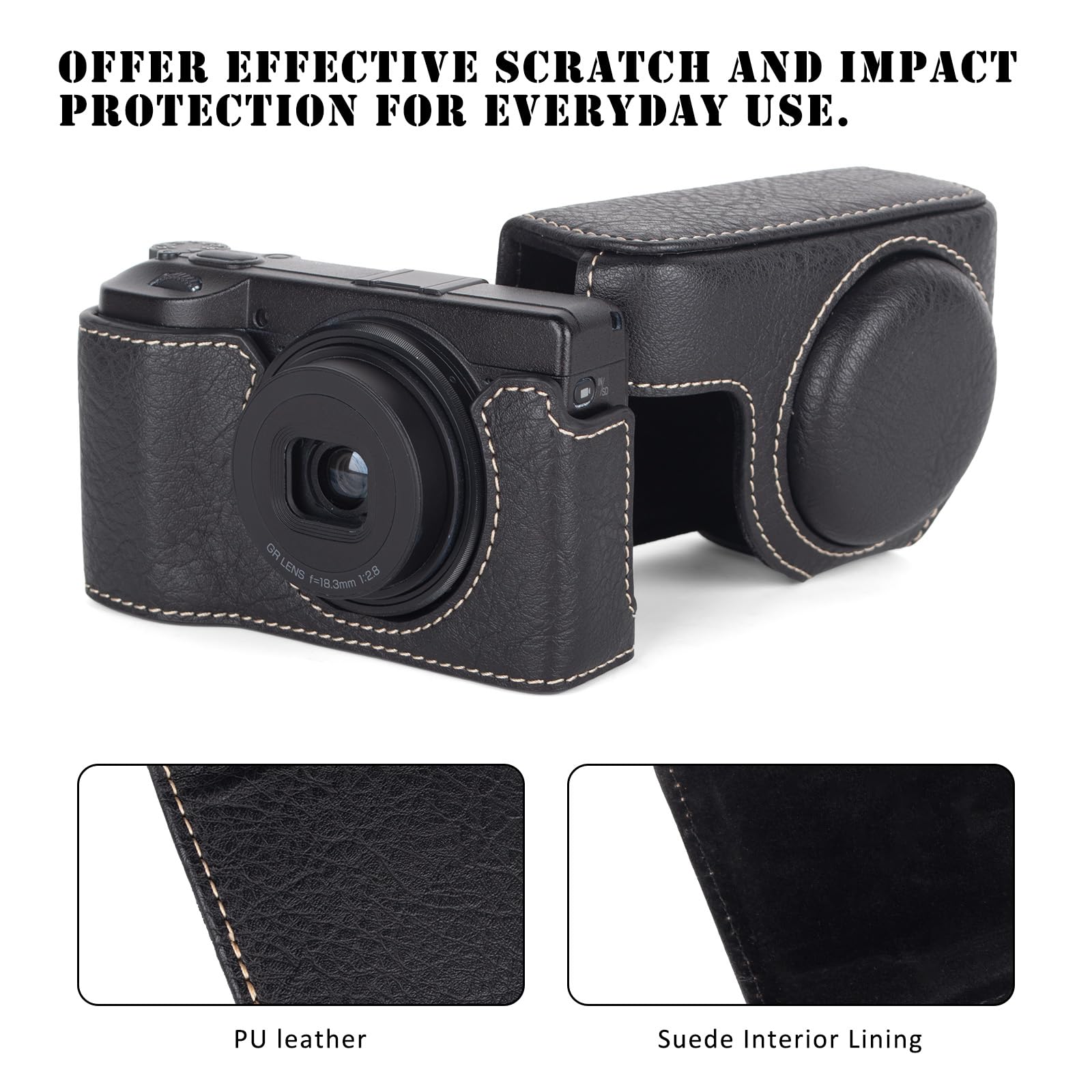 Rieibi Tasche für Ricoh GR III/GR IIIx/GR IV Kamera, abnehmbare PU Leder Schutzhülle für Ricoh GR Serie Kamera mit verstellbarem Schultergurt, Schwarz