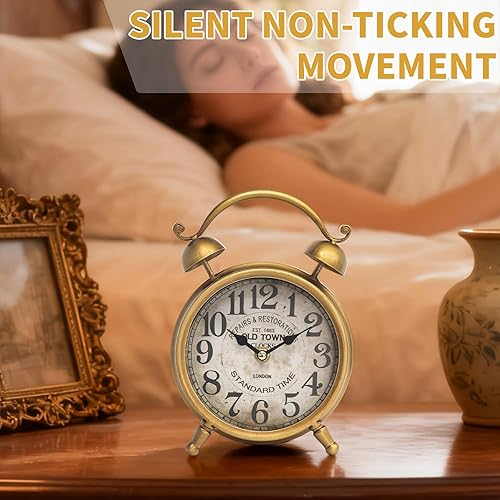 Miniatura 4 de Reloj de mesa de oro antiguo, reloj de escritorio rústico de granja, reloj de mesa silencioso sin tictac para dormitorio, sala de estar o estante,