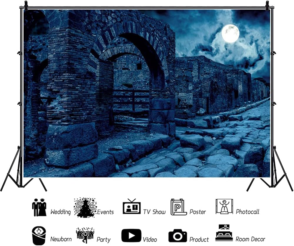 Renaiss 7x5ft Halloween Backdrop Ancient Ruins Stone Town Dark Night Full Moon Horror Photography Background Vintage Punk Gothic Medieval Buildings Photo Video Studio Props Party Supplies Decor Vinyl