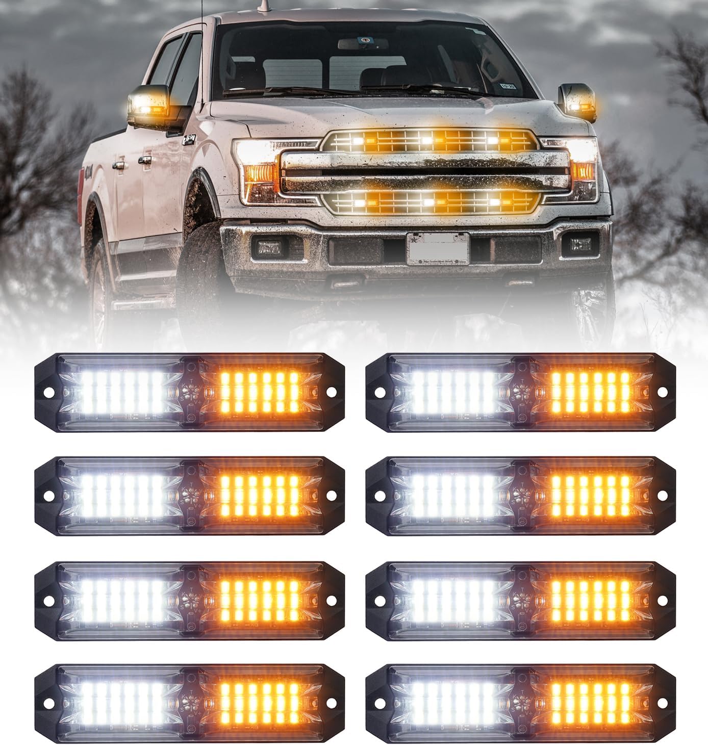 LUMENIX Grille Strobe Light Kits for Trucks, 12-LED Surface Mount Ultra Slim Emergency Hazard Warning Lights Head for Construction Vehicles Cars - White Amber