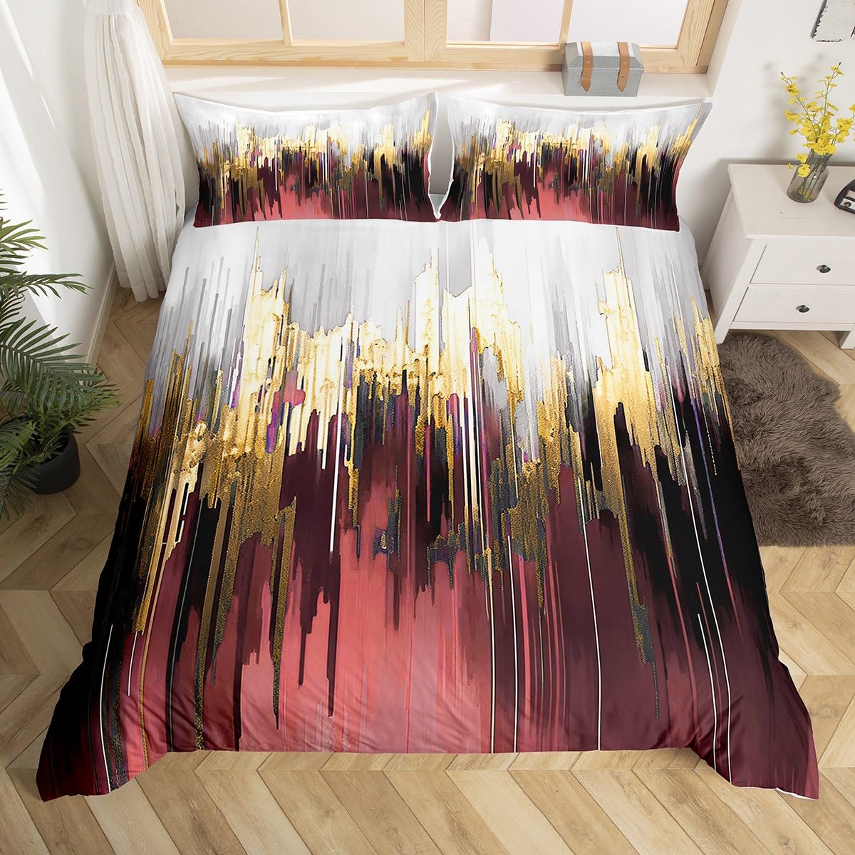 Homewish Burgundy Red Bed Set Gradient Stripe Duvet Cover Single, Modern Oil Painting Graffiti Bedding Sets Watercolor Abstract Artwork Comforter Cover, Aesthetic Metallic Golden Bed Cover 2pcs