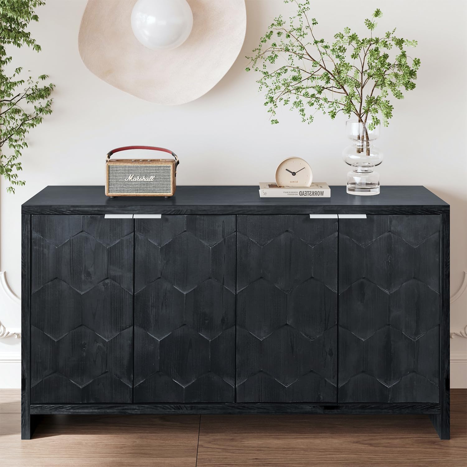 Walnut Carved Four-Door Sideboard with Gold Handles