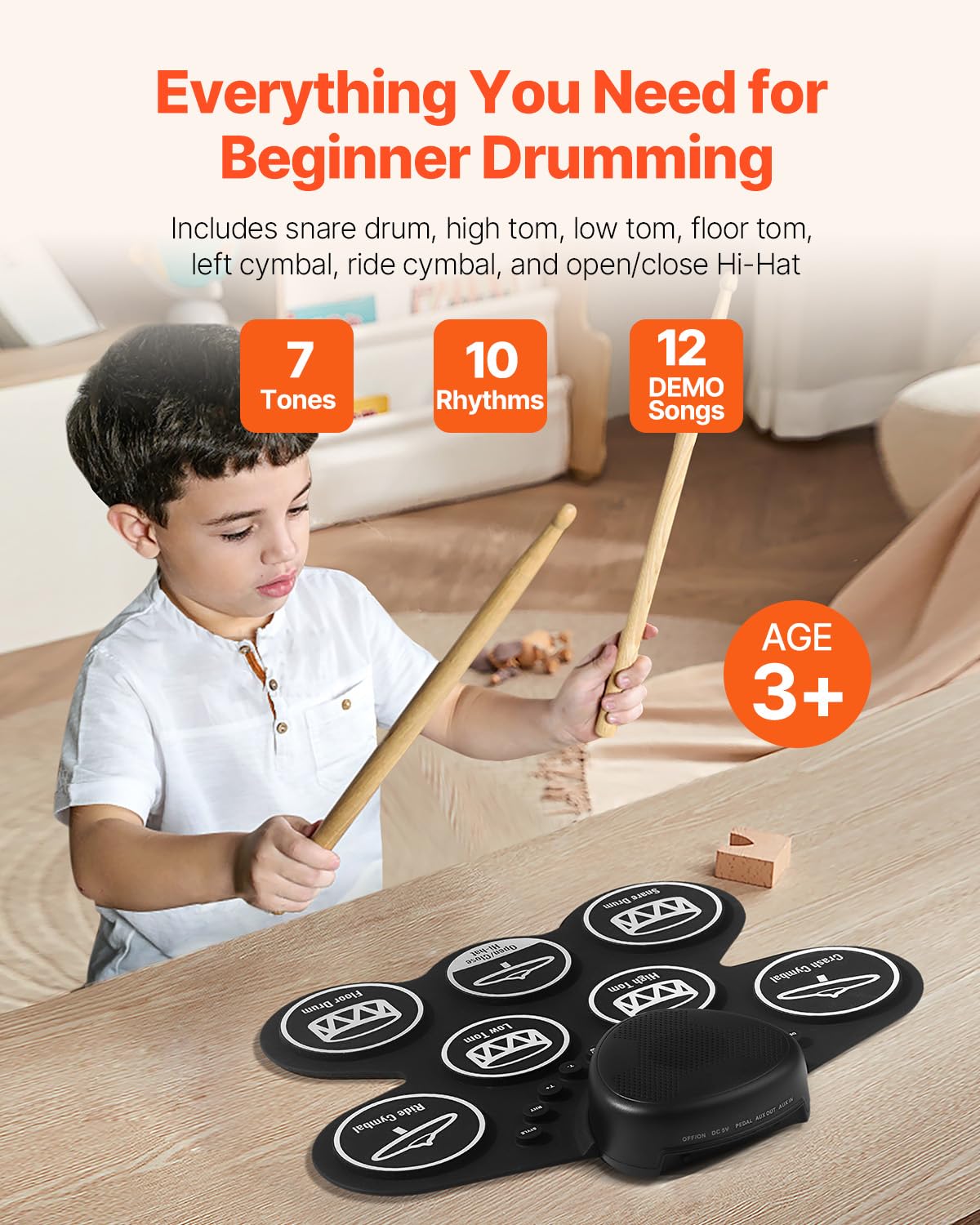 Happybuy Electric Drum Set, 7 Pads, Roll-up Electronic Drum Practice Pad, Portable Drumset with Headphones for Beginners and Professionals